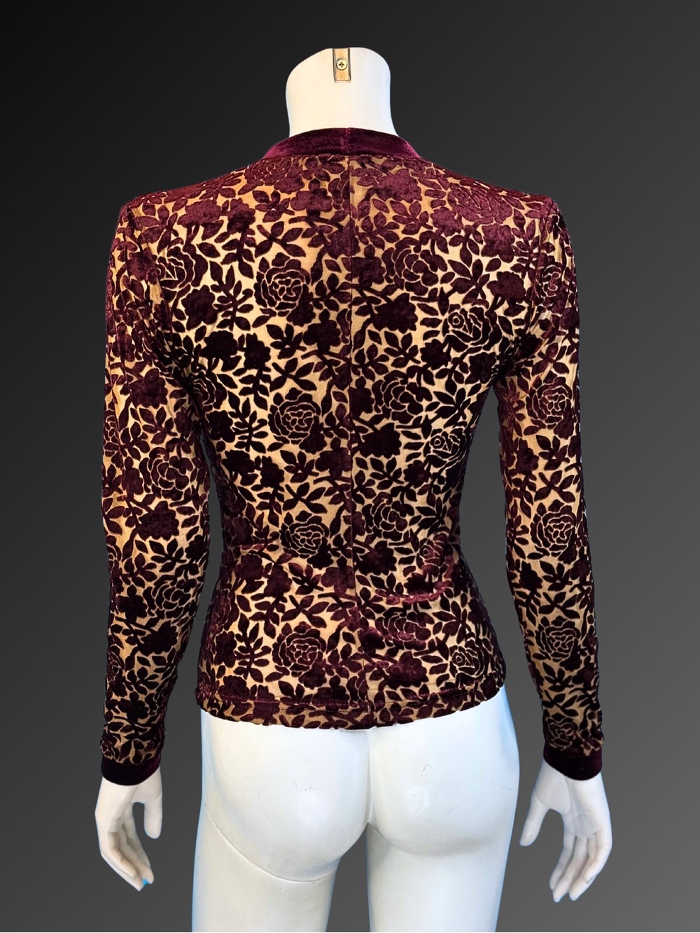 90s Burgundy Velvet Burnout Romantic Gothic Floral Devore Cardigan | XS S - Picture 11 of 11